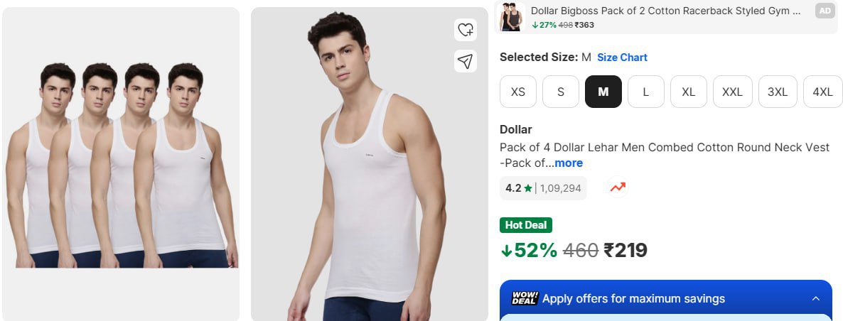Flipkart Dollar Vest 61 (rs 45 Per Vest) – Best Price in India