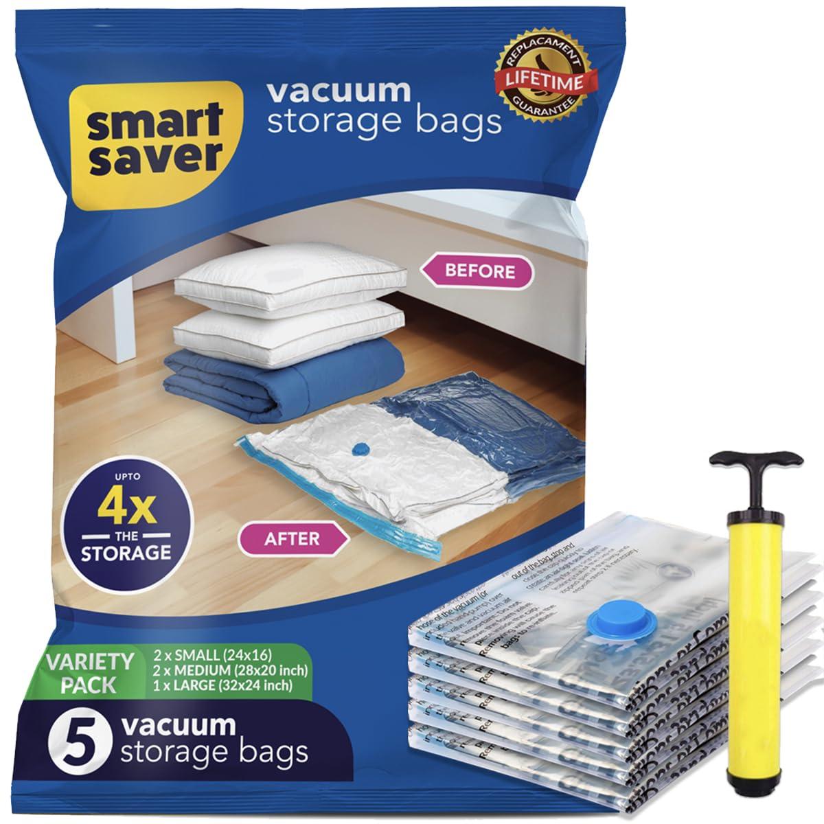 Smart Saver Vacuum Bags For Travel Space Saver Bags 5 Pack (1 Large 2 Mediu