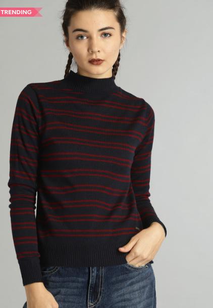 Roadster Women Navy Blue Maroon Striped Pullover Sweater 369 – Best Price i
