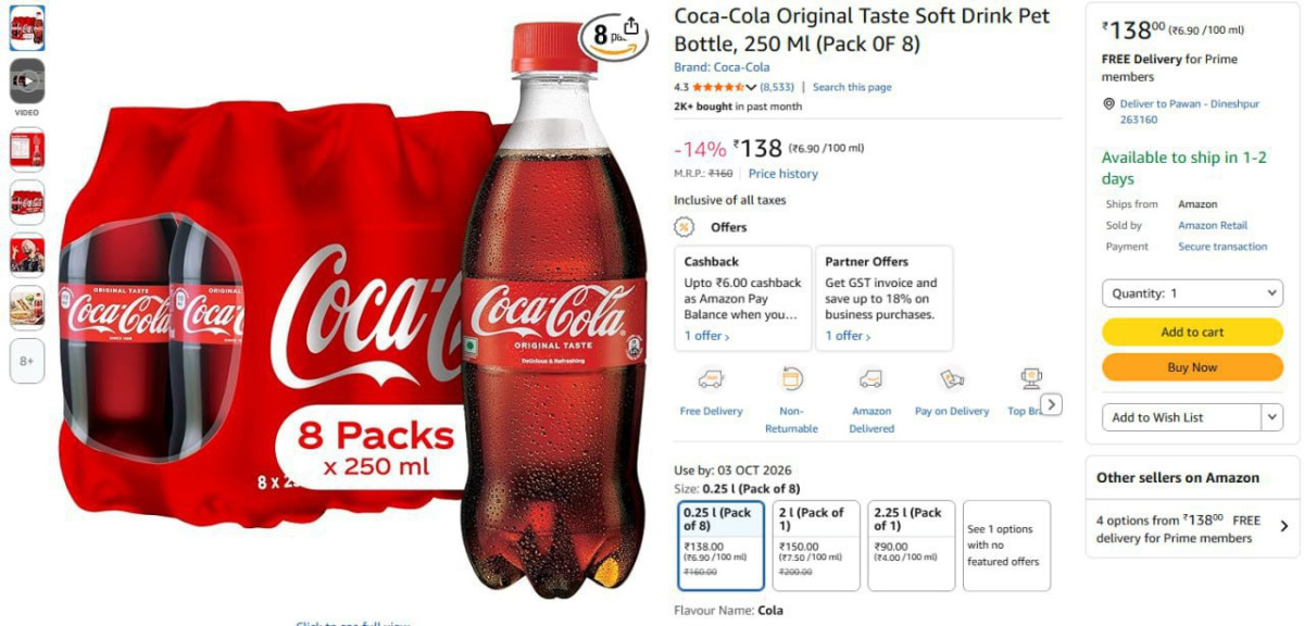 Coca-cola Soft Drink 250 Ml (pack Of 8) 138 – Best Price in India