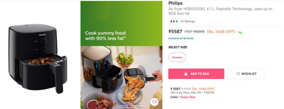 Myntra Loot Philips Air Fryer Hd9200 90 4 1 L Rapidair Technology Uses Up T