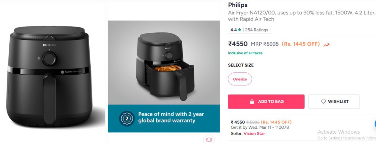 Myntra Philips Air Fryer Na120 00 Uses Up To 90 Less Fat 1500w 4 2 Liter Wi