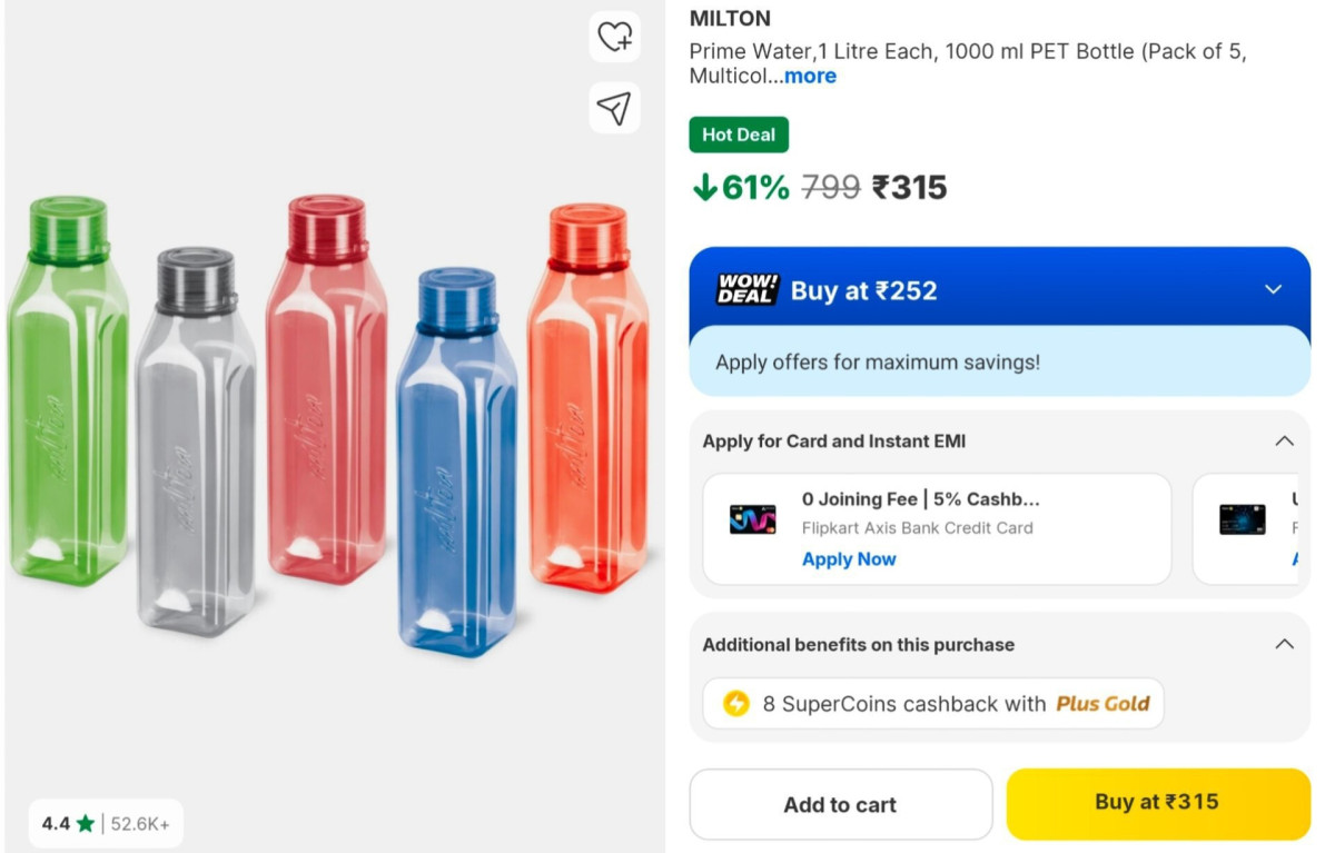 Milton Prime Water Bottle (1l Pack Of 5) At 315amazon Selling 451 More Deal