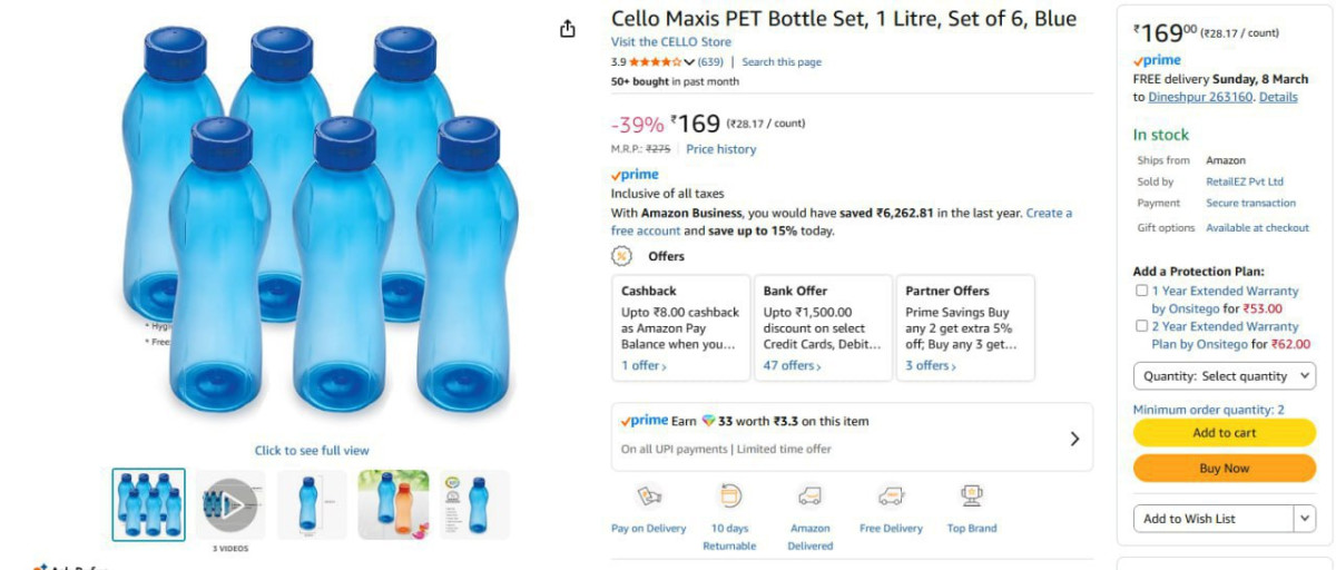 Cello Bottle 1 Litre Set Of 6 123 – Best Price in India