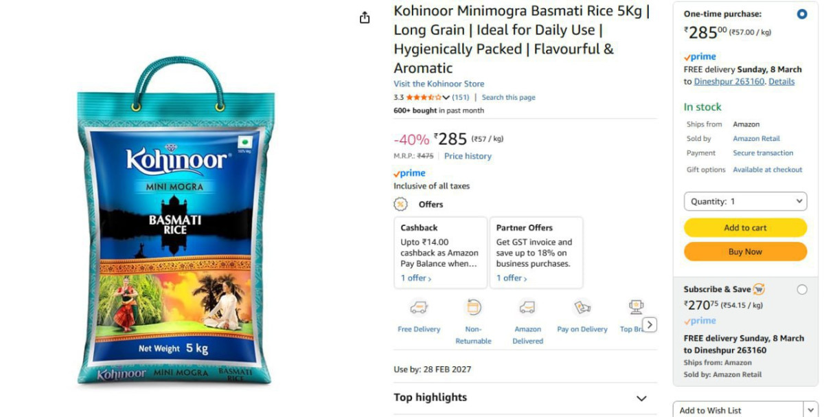 Kohinoor Minimogra Basmati Rice 5kg 285 – Best Price in India