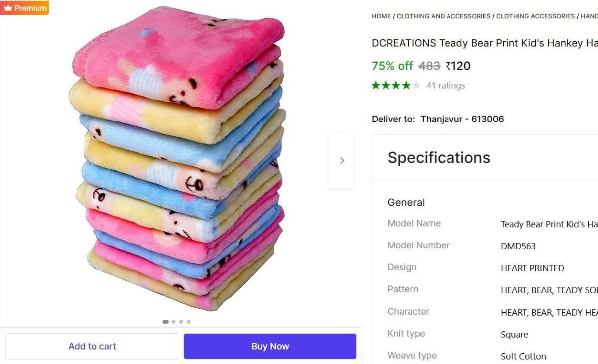 Teady Bear Print Kid S Hankey (pack Of 10) 120 – Best Price in India