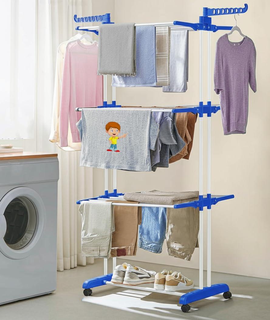 Flipzon Premium Clothes Stand For Drying With Wheels Portable 3 Layer Rack 