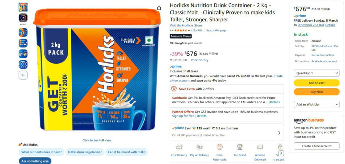 Horlicks Nutrition Drink Container - 2 Kg 676 – Best Price in India