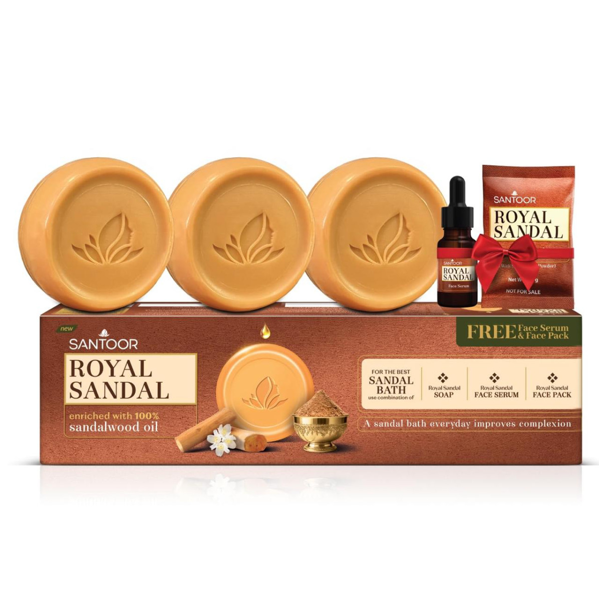 Santoor Royal Sandal Detan Pack 3 Soaps (150g Each) Serum (15ml) Face Pack 