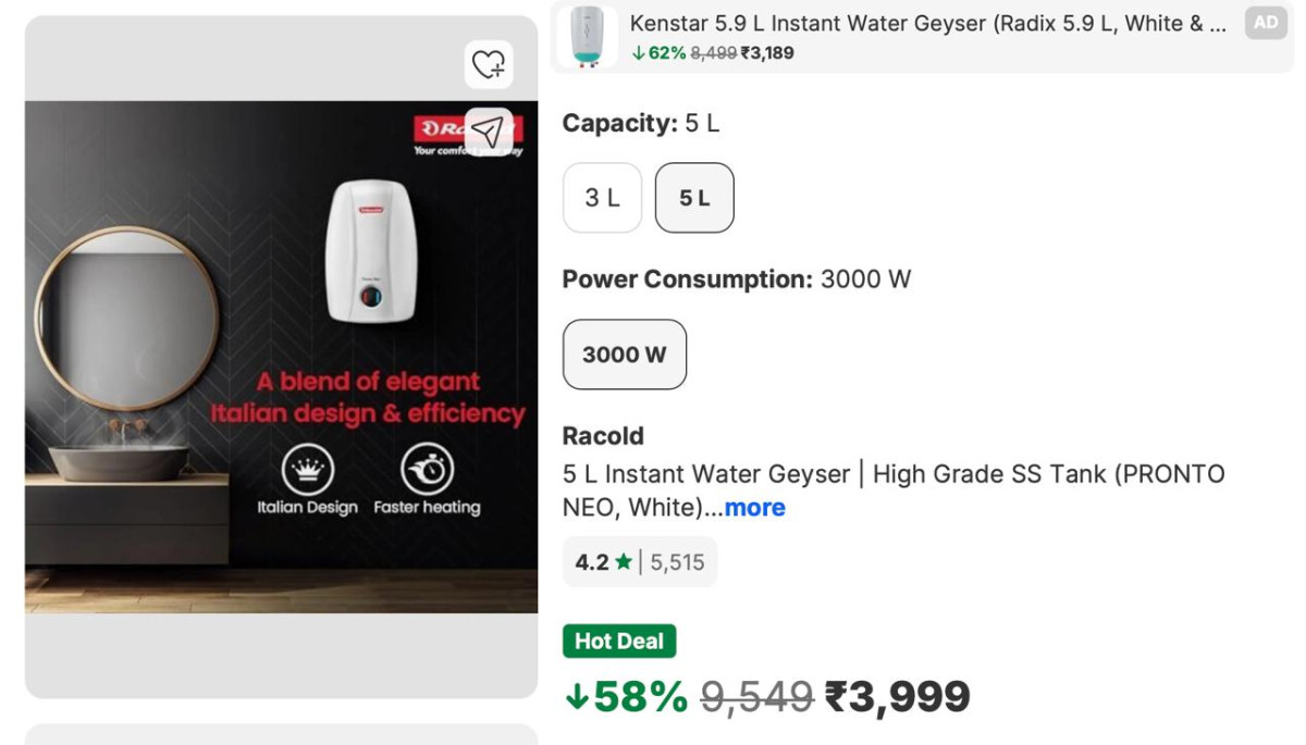 - Racold Pr Neo 5ltr 5 L Instant Water Geyser High Grade Ss Tank At Rs 3999