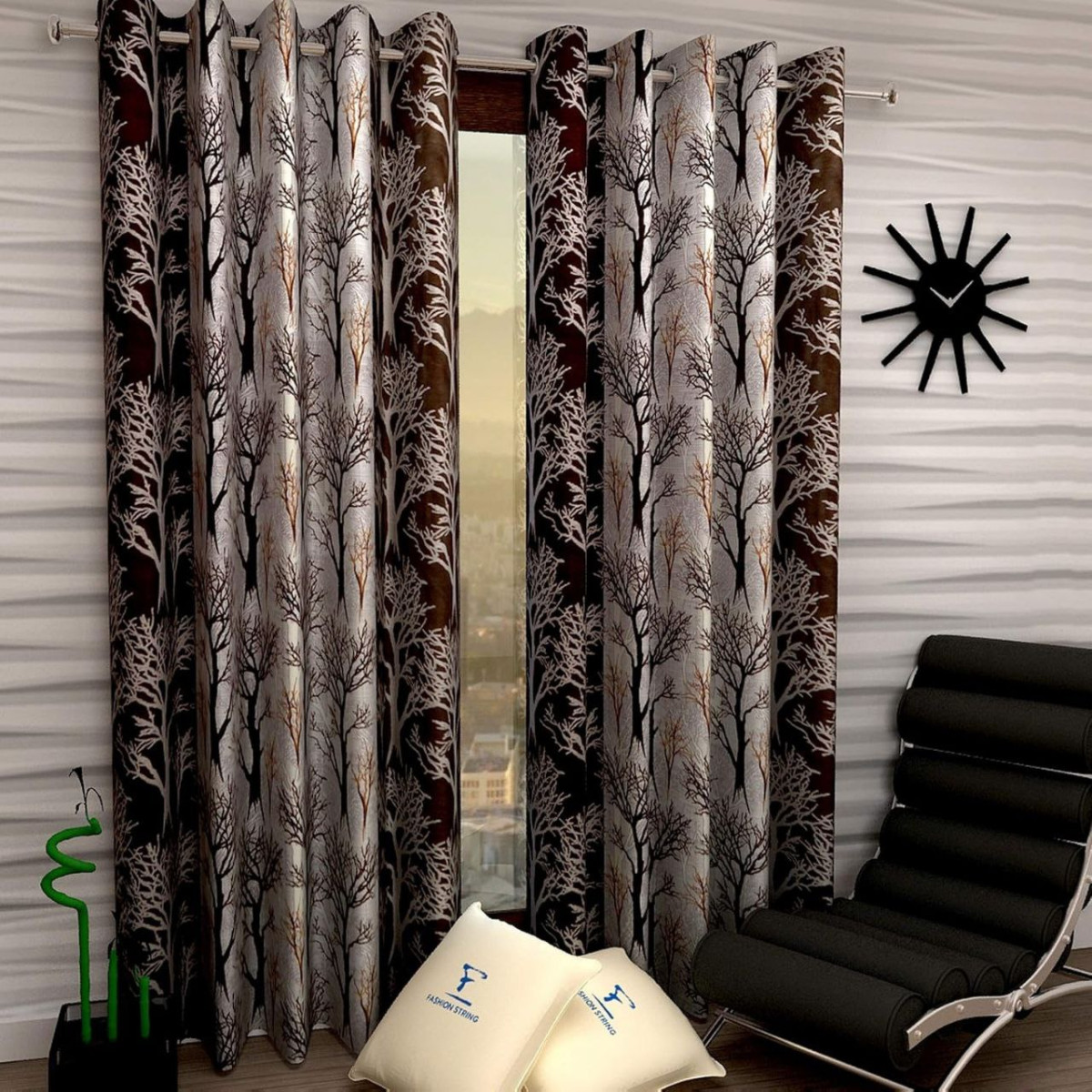 Fashion String 2 Pieces Long Tree Eyelet Polyester Door Curtains- 7 Feet Br
