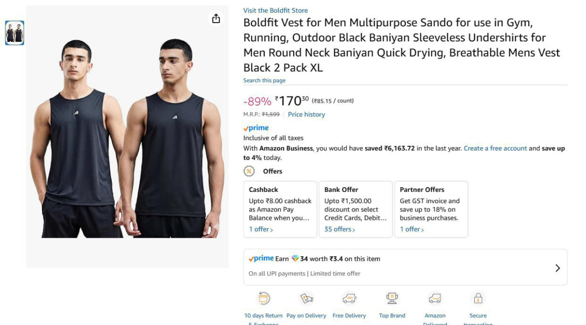 Mens Vest Black 2 Pack Xl 170 – Best Price in India