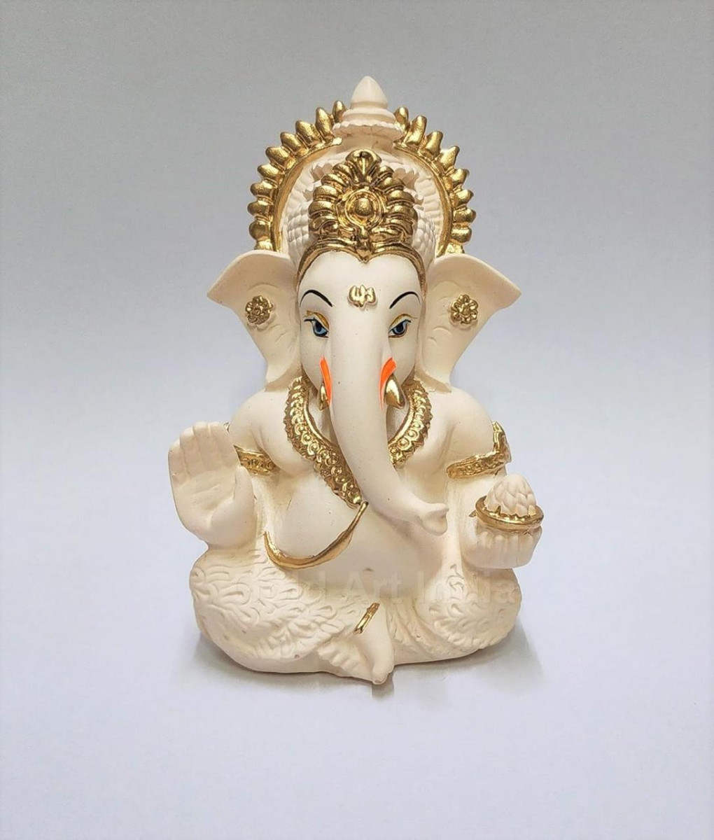 Gold Art India Peach Ivory Finish Ganesha Idol Car 497