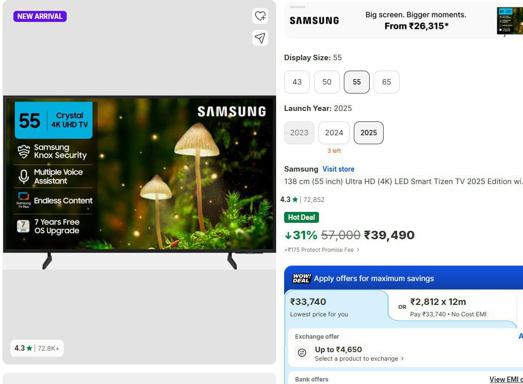 Loot Deals On 43 55 Inch Led Tvs Samsung 33740 Toshiba 22249 Lg 25490 8750 
