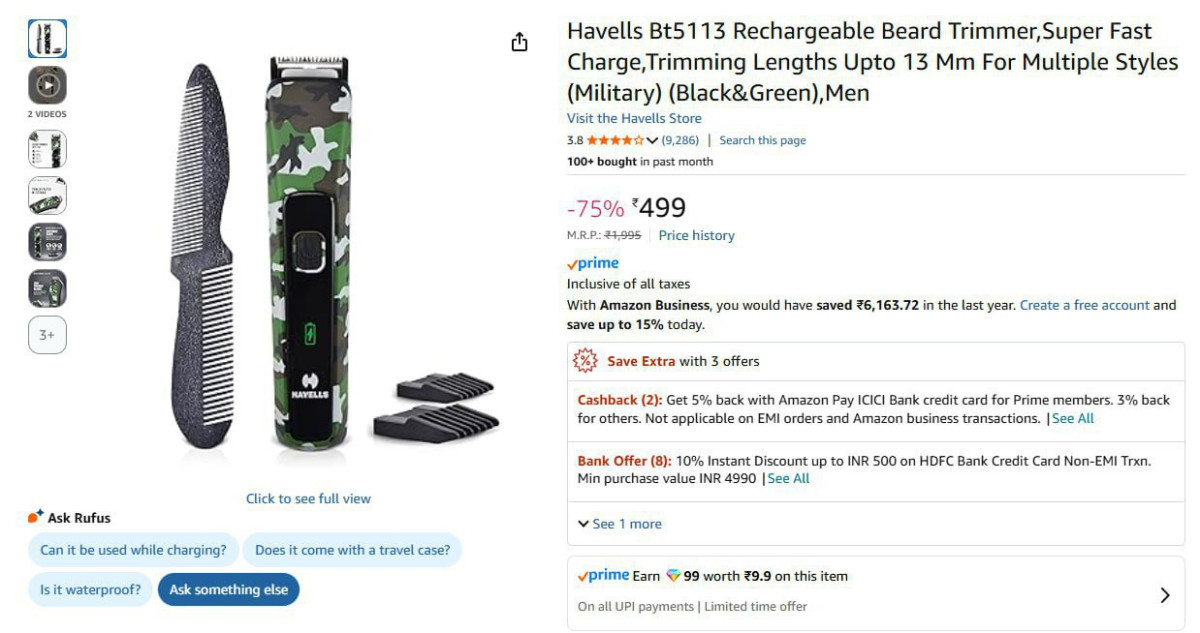 Havells Rechargeable Beard Trimmer 499 – Best Price in India