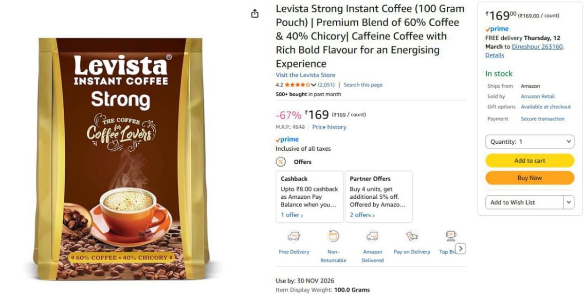 Levista Strong Instant Coffee 100gm 169 – Best Price in India