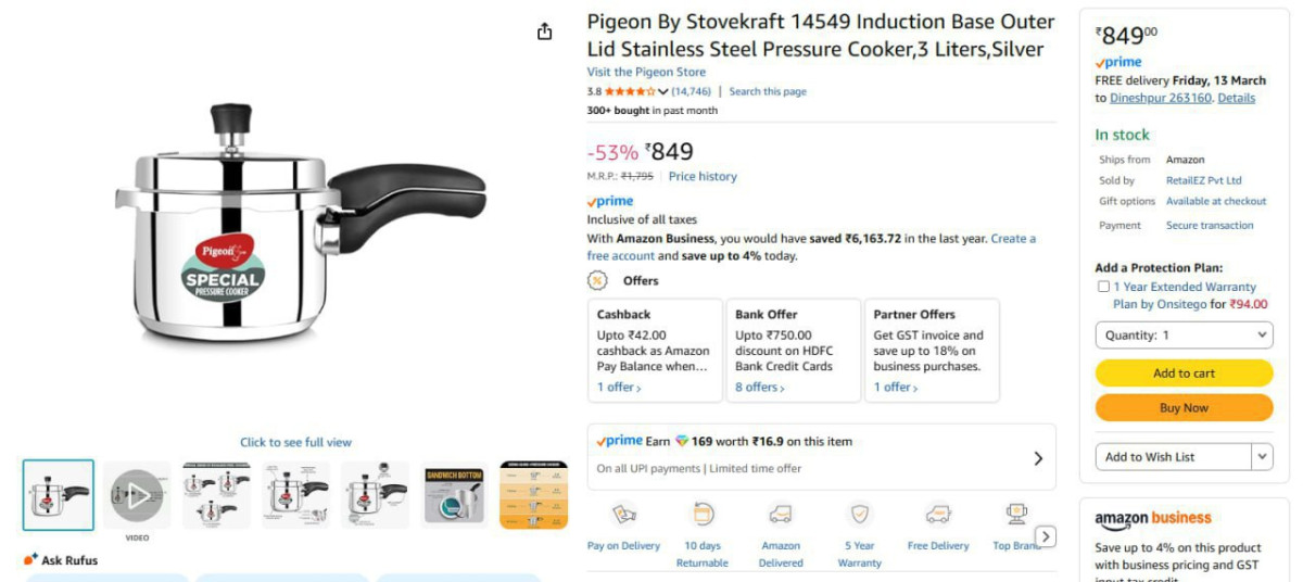 Pigeon Stainless Steel Pressure Cooker 3l 849 – Best Price in India