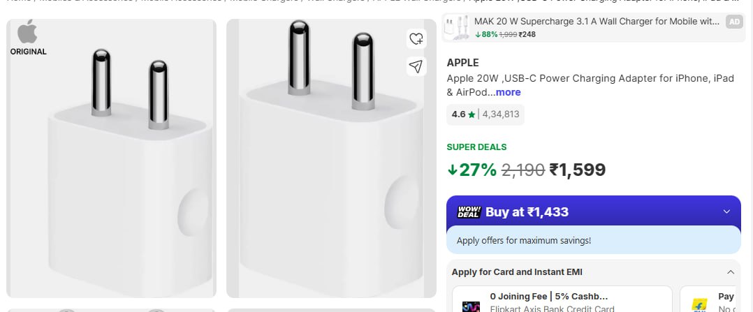 Apple 20w Usb-c Adapter 1599 Samsung 25 W Charger 973 – Best Price in India