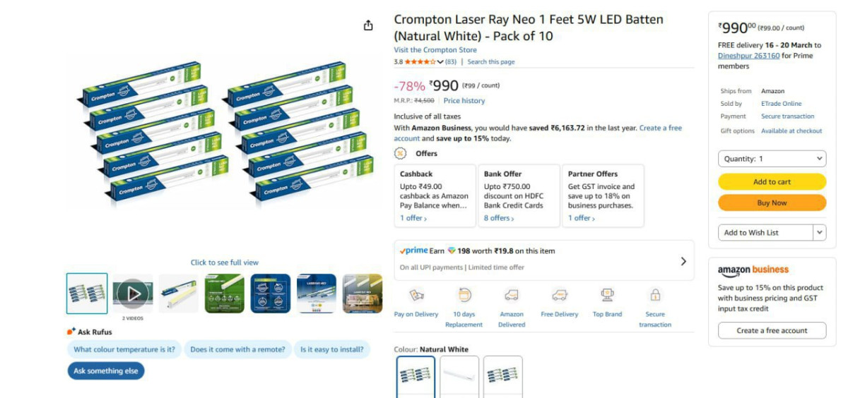 Crompton 5w Led Batten (pack Of 10) 990 – Best Price in India