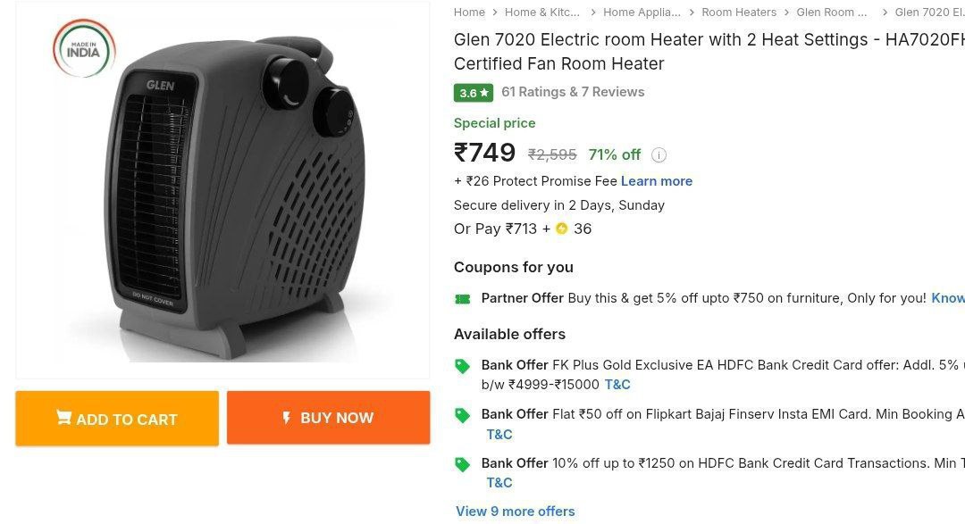 Glen Electric Room Heater With 2 Heat Settings 749 – Best Price in India